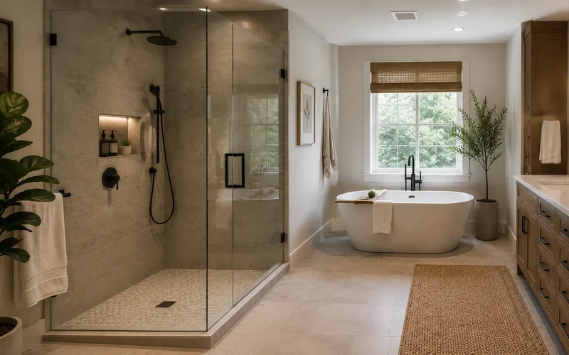Tiled walk-in shower with glass panels, mosaic floor and centre drain in a renovated GTA bathroom