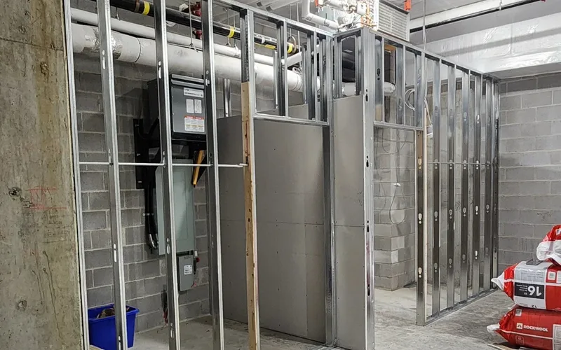 Basement renovation in progress in the GTA: steel stud framing open, mechanical and electrical services visible before drywall