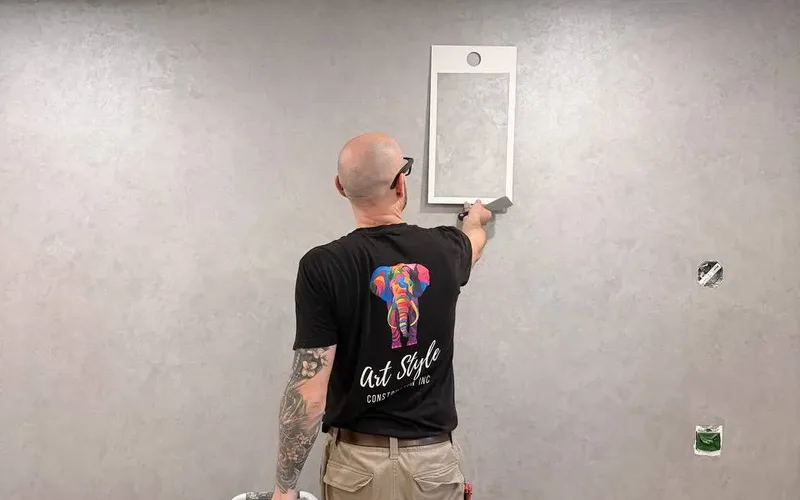 A worker seen from behind in a black Art Style Construction shirt holding a white sample frame against a grey plaster wall