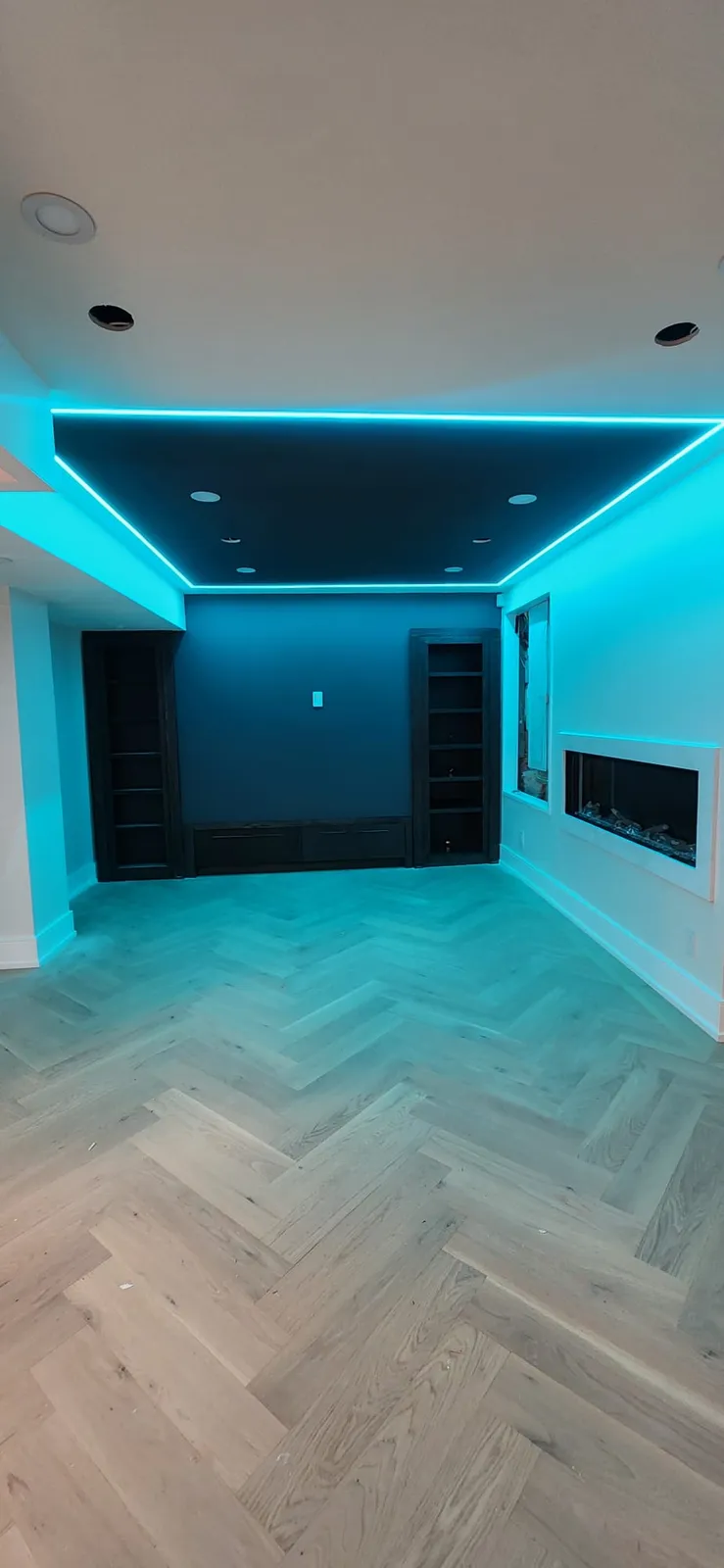 Basement room with a lowered dark ceiling panel outlined by blue LED strip light, pot lights in both ceiling levels, dark built-in shelves and a herringbone floor
